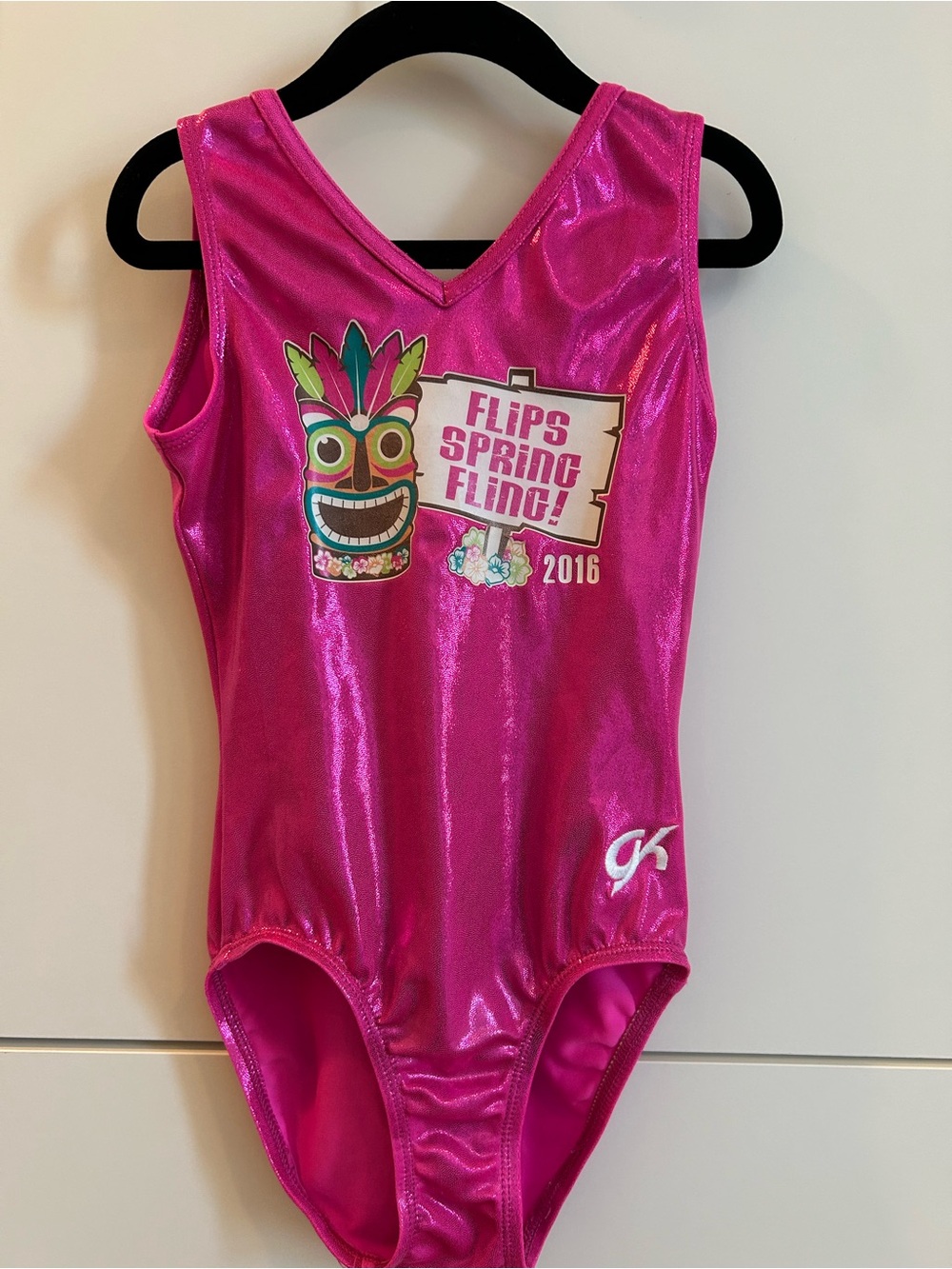 GK Girls Shiny Hot Pink Gymnastics Leotard with Tiki Graphic - Child’s Large